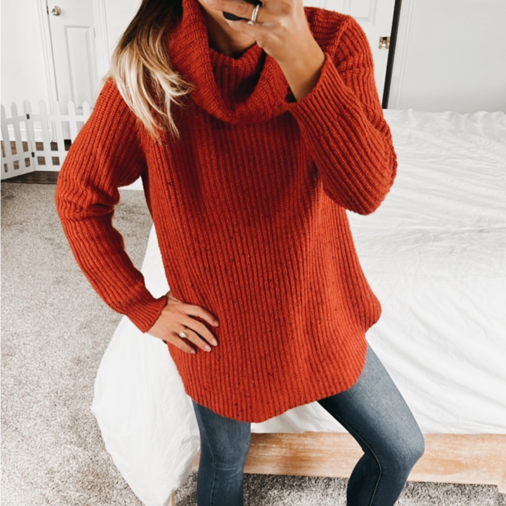 Sun & Shadow Cozy Ribbed Cowl Neck Sweater - Rust Orange